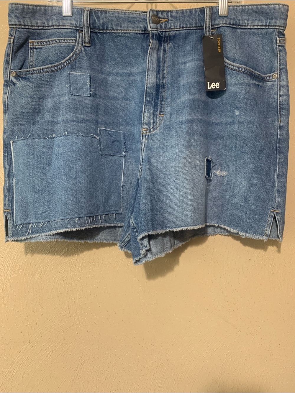 Lee size 18 Blue Patchwork Distressed Denim Shorts NWT